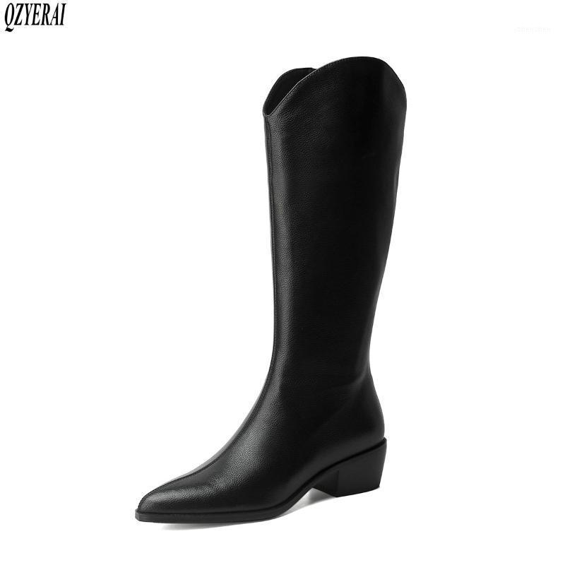 

Boots Women Knee-high Genuine Leather Female Black White Knight Autumn Winter Women's Shoes Size 34- 421