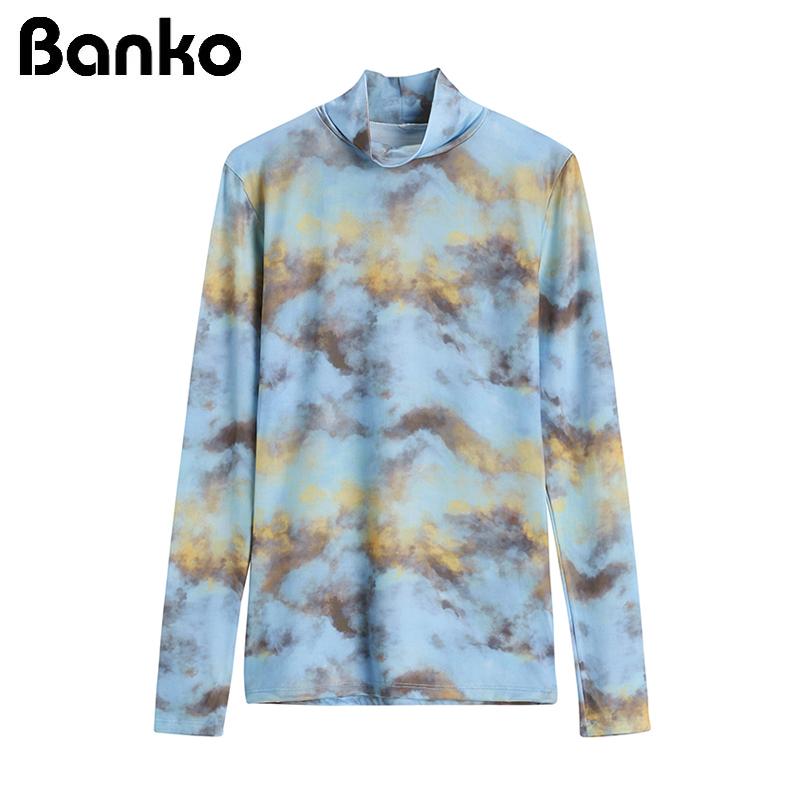 

2021 Spring Stretchy T-Shirt Women Golden Gradient Color Cloud Print Blue Tee Tops Long Sleeve Stand Collar Slim Clothing Female, Picture color