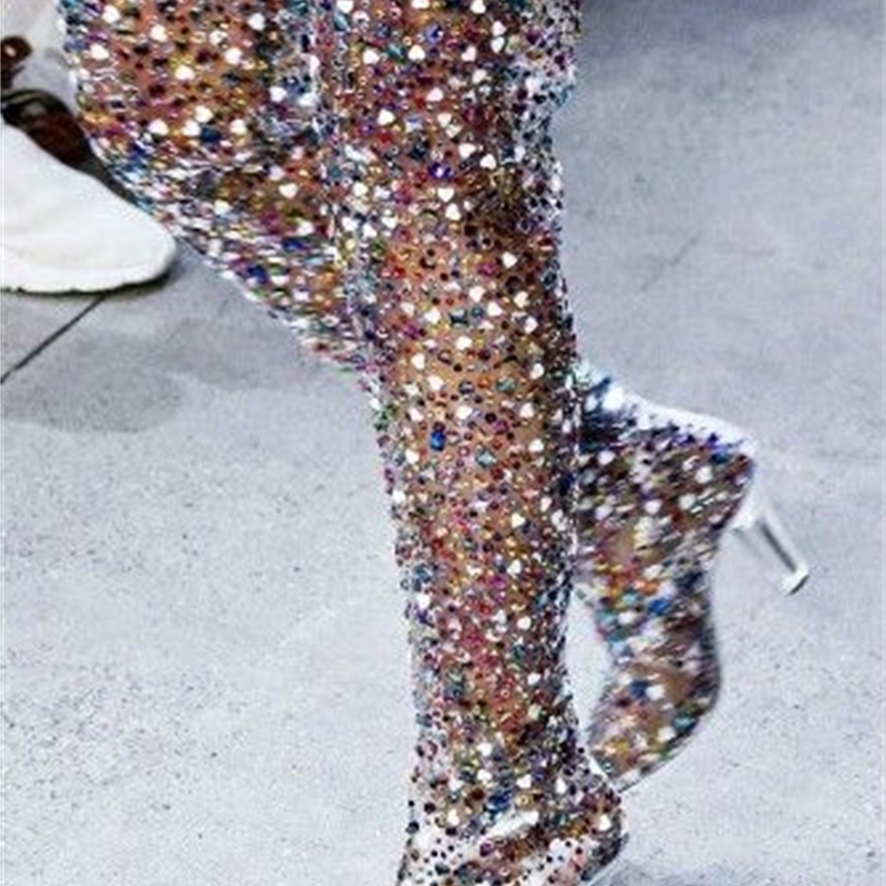 

Boots Transparent film colorful diamond pointed crystal knee high boots winter 8M9W, 2# shoe box