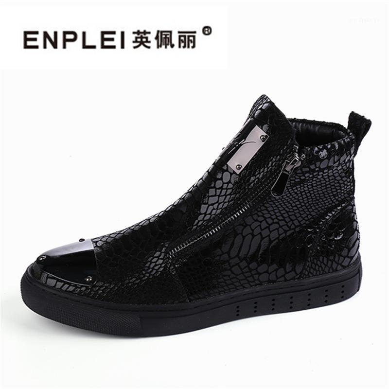 

ENPLEI Men High Top Glod Sliver Black Casual Flats Shoes Man Outdoor Footwear Leather Ankle Boots Mens Fashion Boots Size 37-441, Silver