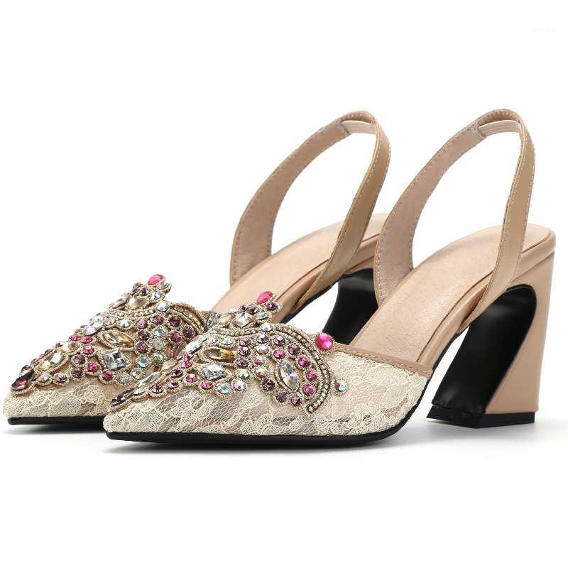 

Luxury Rhinestone Women's Sandals Fashion Pointed Genuine Leather Lace Summer Sandals Woman Slingback Heels Party Wedding Shoe1, Beige