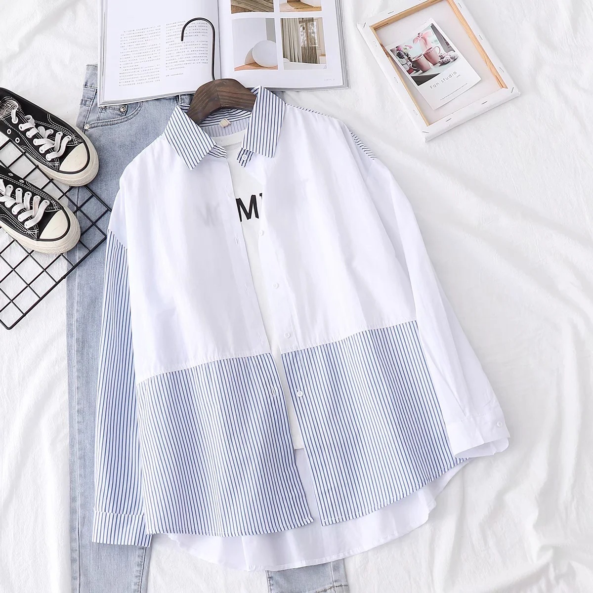 

2021 New Striped Shirts Womens Blouses Patchwork Lady Tops Long Sleeve Spring Summer News White Student Clothes Female Outwear Q4gj, Yellow