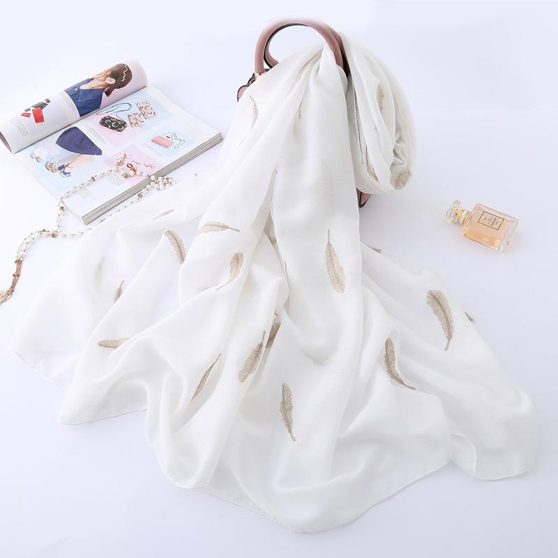 

180X90CM Cotton and Linen Scarf Headscarf Travel Shawl Thin Gold Silk Feather Embroidery Scarf Female Autumn and Winter WJ72