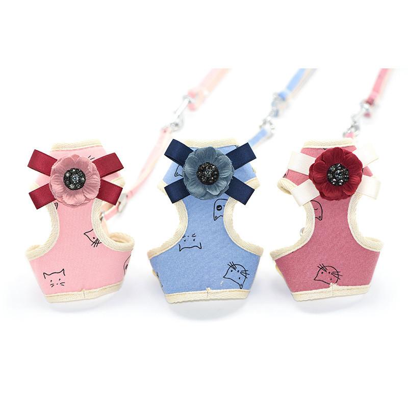 

Korean Flower Embroidery Breathable Small Pet Dog Harness and Leash Set Soft Puppy Walking Vest for Chihuahua Yorkie