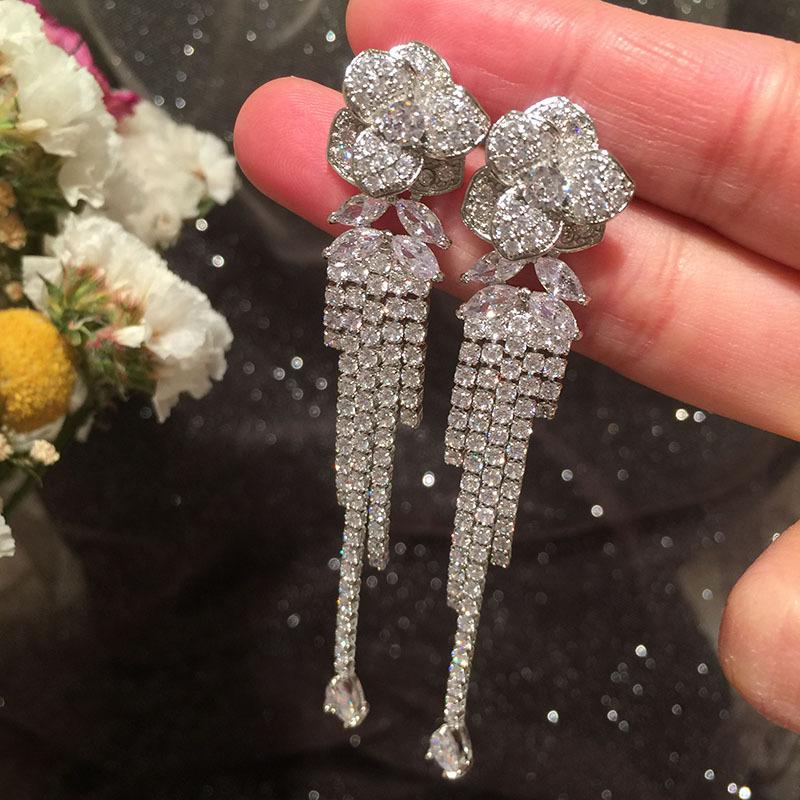 

Trendy Simple Flowers Tassel Earrings For Women Shiny Crystal Zircon Water Drop Luxury Party Temperament Sweet Fashion Jewelry