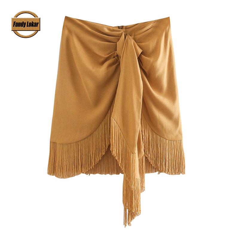 

Fandy Lokar Casual Asymmetrical Skirts Women Fashion Slim Solid Knot Tassel Skirt Women Elegant Mini Skirts Female Ladies IP, Xqjsk9211