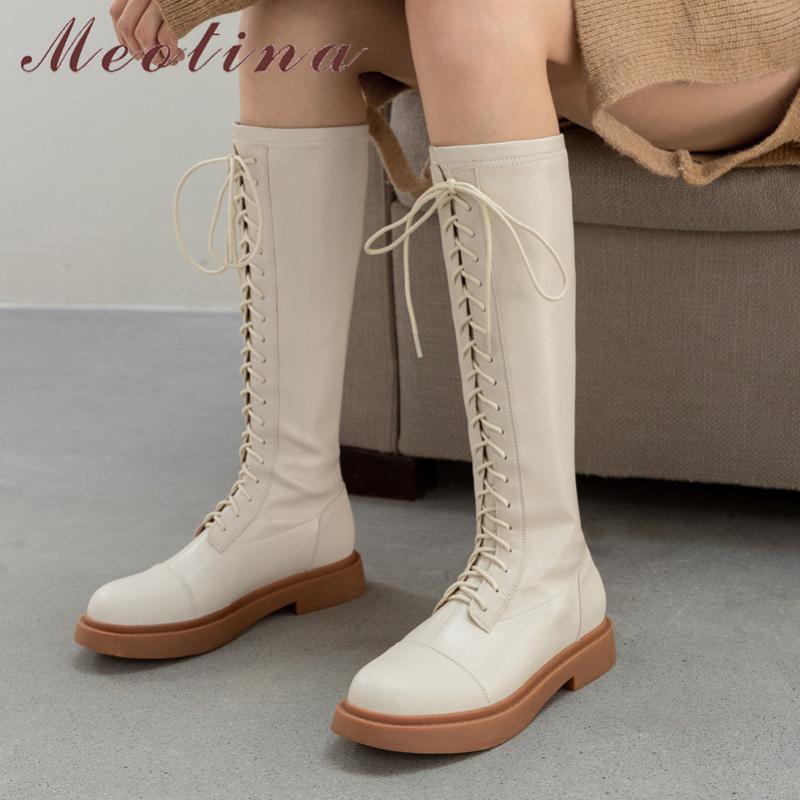 

Meotina Long Boots Women Shoes Real Leather Flats Platform Knee High Boots Round Toe Cross Tied Ladies Autumn Winter Black, Black synthetic lin