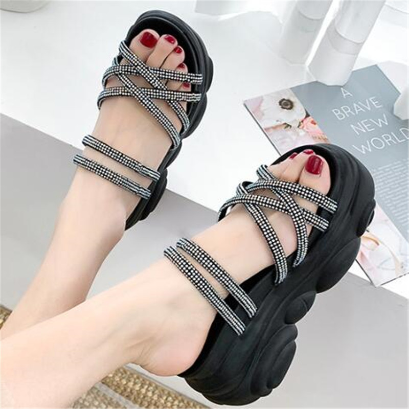 

New Female 2021 Summer Stout Crystal Straps Fashion Sandals Thick Bottom Heels Woman Sandalias -39 9HY8, Black