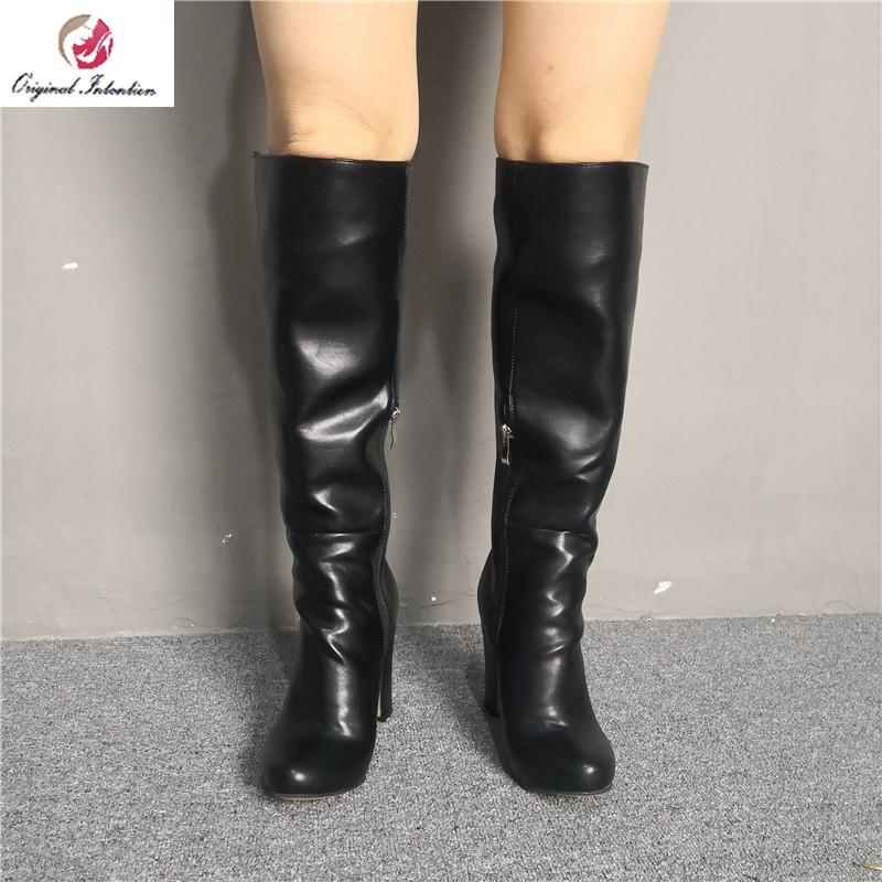 

Original Intention Winter Elegant Fashion Women's Boots Square Heels Long Boots Woman Round Toe Black Size 4-15, Ef7314 black