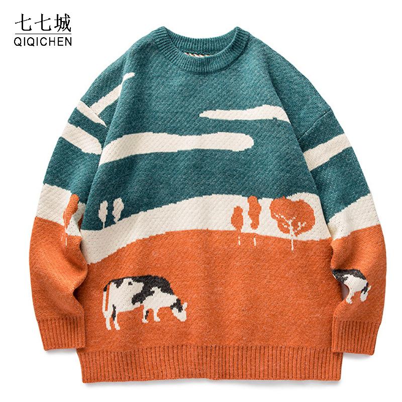 Men Cows Vintage Winter Sweaters Knitted Pullover Mens O-Neck Korean Patchwork Sweater Women Casual Harajuku Oversized Tops
