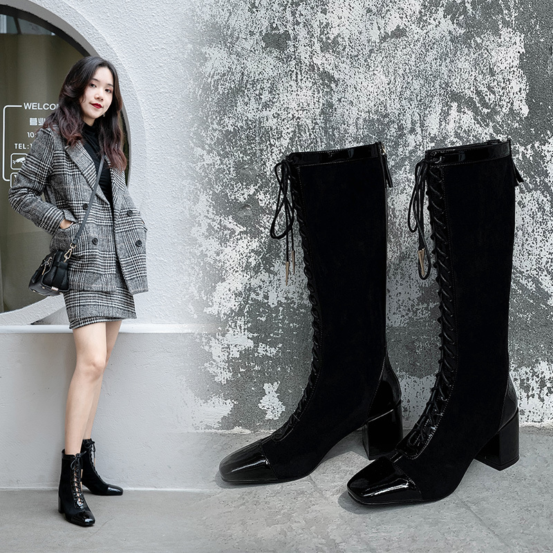 

2021 Knee-boots 22-25 in Length 6.5cm Spring Heel and Autumn Cow Hide Colorblock Patent Leather+ Herd Woman Shoes DMI6, Short
