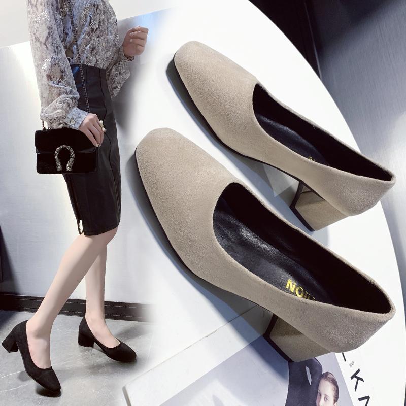 

2020 spring new high heels Korean wild square head shallow mouth suede comfortable women's single shoes Pumps, Slippers
