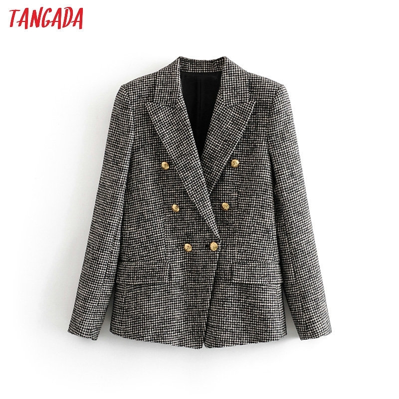 Tangada women warm winter double breasted suit jacket office ladies vintage plaid blazer pockets work wear outwear 3H154 201114Z