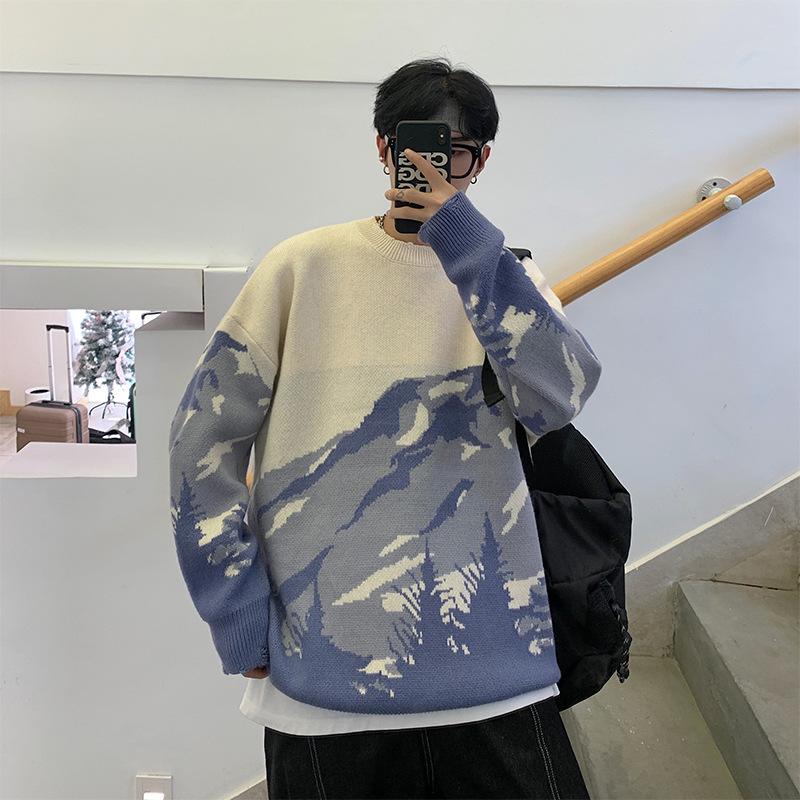 Hommes pull Streetwear montagne arbre motif Hip Hop automne nouveau pull Spandex o-cou surdimensionné Couple décontracté hommes chandails