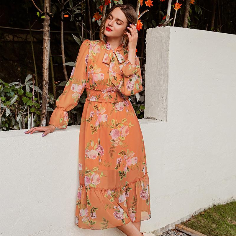 

BerryGo Casual bow tie boho women chiffon dress Trumpet sleeve ruffle slim female calf dress Vacation style A-line ladies, Meat orange color