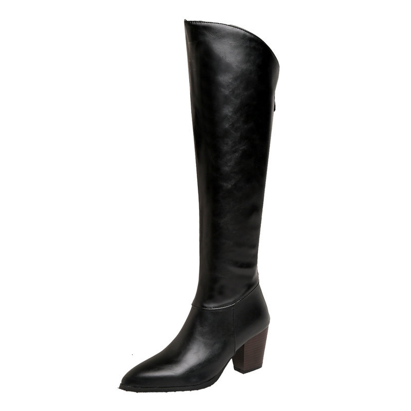 

2021 New Pu Leather Knee Square High Heel Concise Women Shoes Autumn Winter Pointed Toe Long Boots Size 34-43 Mwzy, White