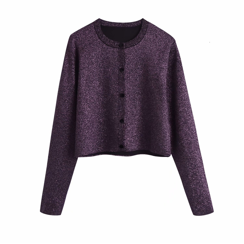 

2021 New Elegant Women Sweet O-neck Metallic Knit Sweaters Fashion Ladies Knitted Short Coats Sexy Female Chic Solid Purple Cardigan Q6xs