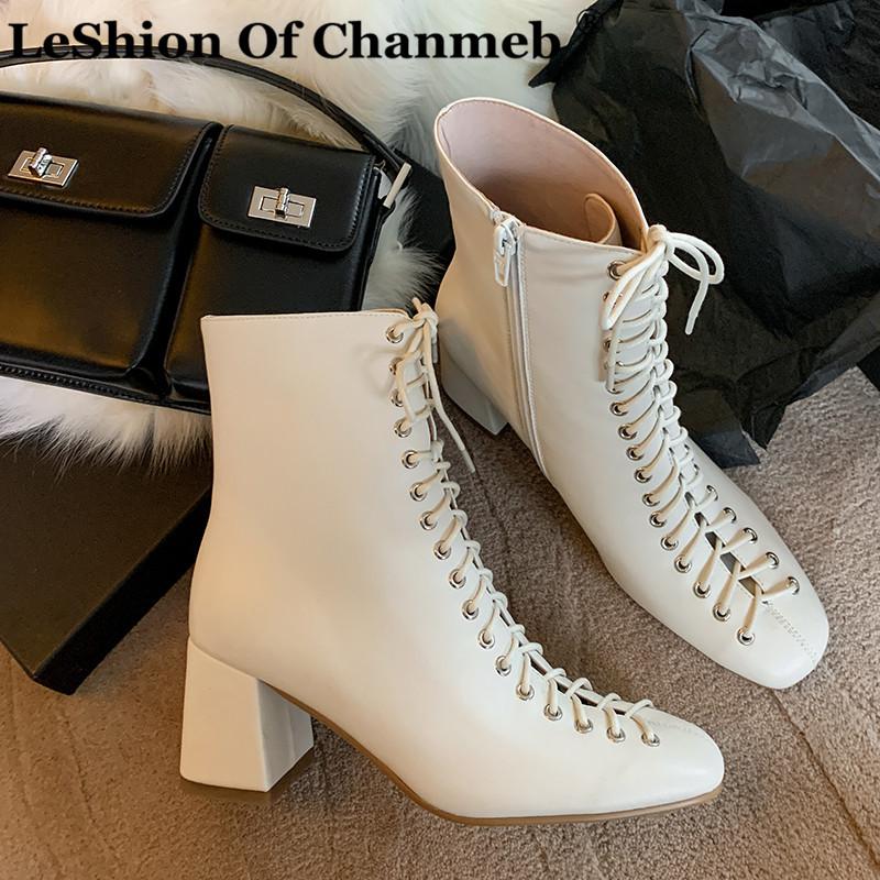 

Stylish Women's Cross Tied Genuine Leather Boots Woman Square Toe Block Heels Suede Short Boots Black Beige Brand Designer Shoes