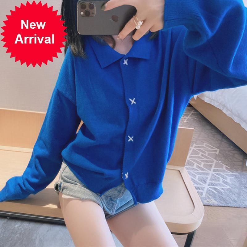 

New Fashion 2021 High Quality Brand Clothes Winter Fall Blue Lapel Loose Knit Cardigan Casual Shirt Long Leather Dressed 47U2, Beige