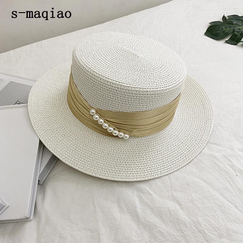 

s-maqiao Summer Straw Hat Women Big Wide Brim Beach Hat Temperament pearl Sun UV Protection Cap Panama Bone Chapeu Feminino, White