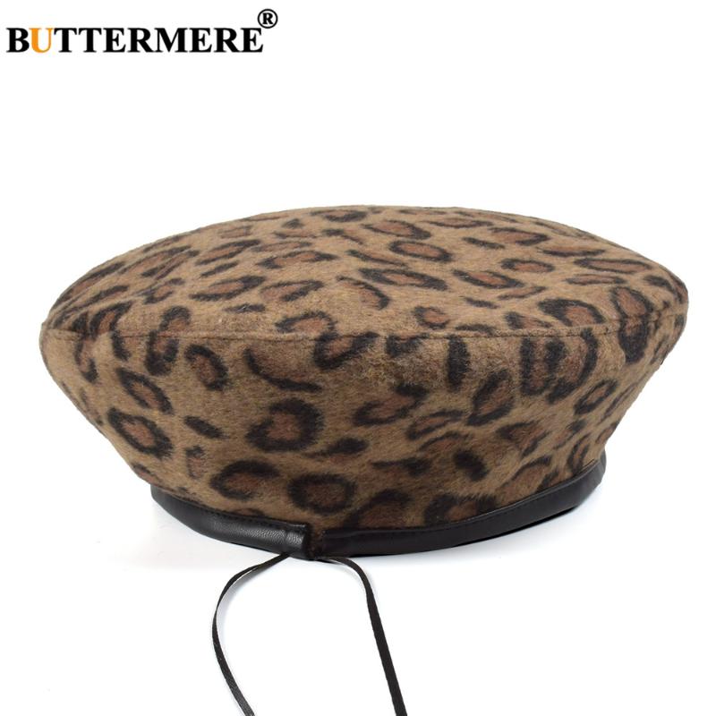 

BUTTERMERE Leopard Print Women Hat Woolen French Beret Winter Hat Vintage Korean Painter Adjustable Berets Caps for Women