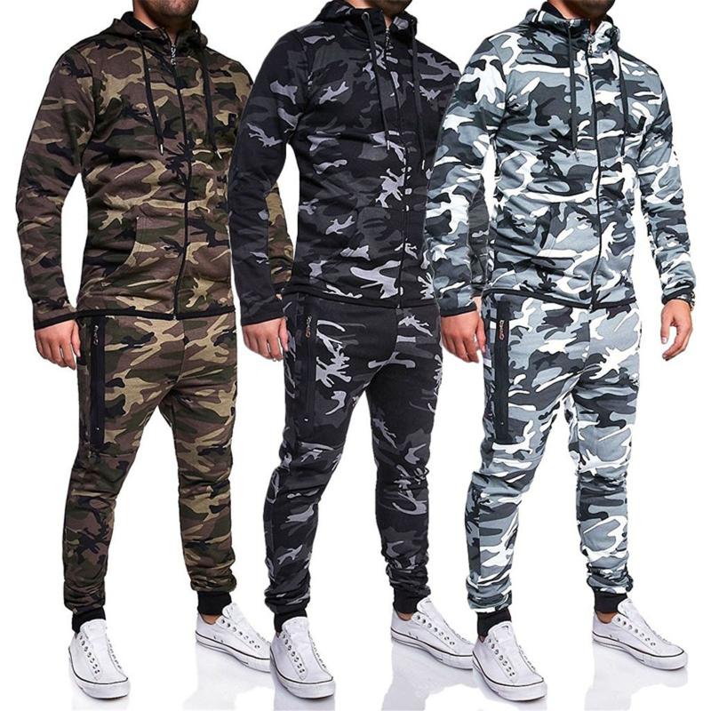 

Casual Joggers Mens Tracksuits 2 Pieces Sets Autumn Hooded+pants Camouflage Suit Gym Zipper Sportswear Sweat Suits Men' Clothes, Black