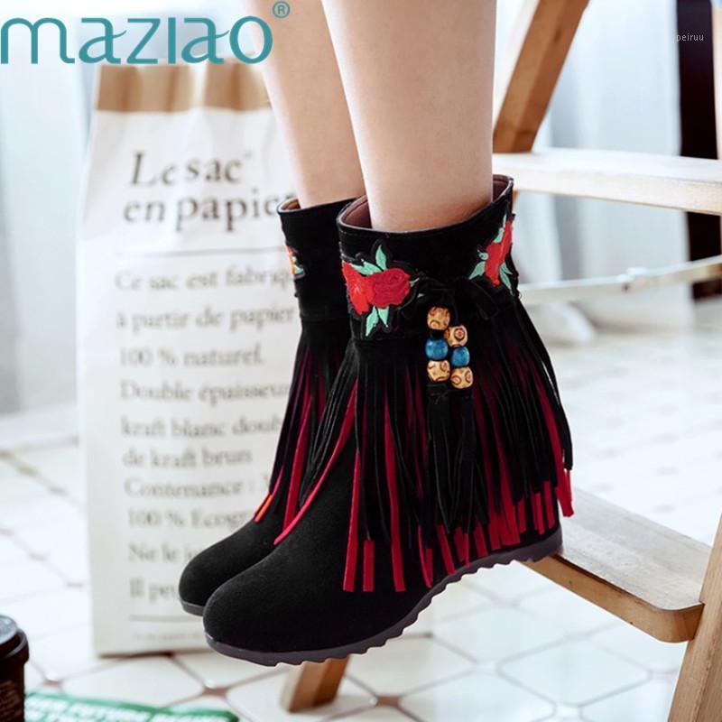

Femininas Women Shoes Elevator Hidden Wedges Heel Pearl Ornament Tassel Embroider Women Boots MAZIAO1, Black