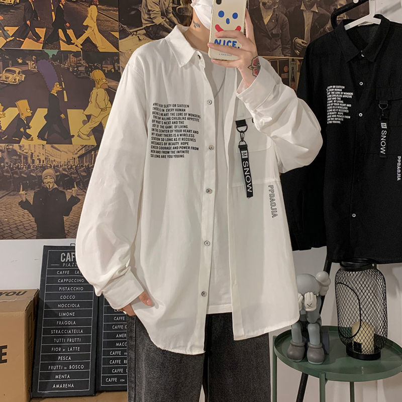 

New Men's Casual Graphic Printed Shirts 2021 Korean Streetwear Woman Shirt Man Oversized Blouse Clothing Long Sleeve Rj71, White