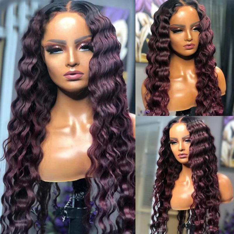

Long Dark Purple 13x4 Lace Front Human Hair Wigs with Baby Hair Deep Wave Headband Silk Top 360 Brazilian Full Lace For Women, U part wig