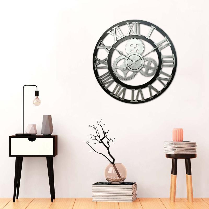 

60cm 3D Circular Retro Roman Wrought Hollow Iron Vintage Large Mute Decorative Wall Clock On The Wall Decoration Home1