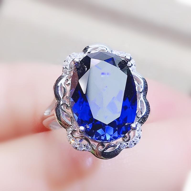 

Cluster Rings Blue Sapphire Ring Per Jewelry 925 Sterling Silver 12*16mm 11ct Big Gemstone Fine J2120818, Golden;silver