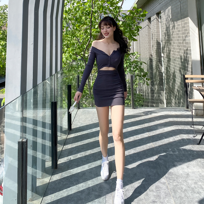 

2021 New Style Two-sided Wear Sexy 4-color Cotton with Long Sleeves Mini Solid Summer Dress LL1Y, Black.