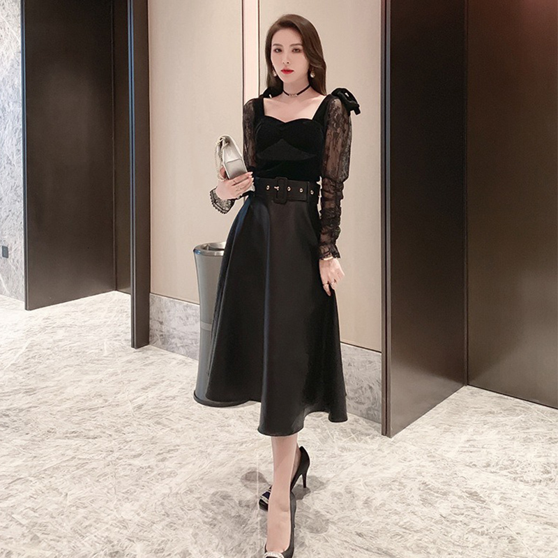 

New Spring 2021 female a-line solid black elegant plutonium skirt belt T8ZJ