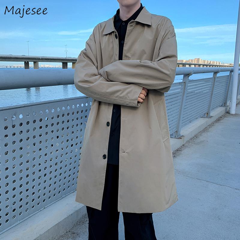 

Trench Men Turn Down Collar Single-breasted Chic Solid British Style Spring Autumn Outwear Ulzzang Loose All-match Fashion New, Black
