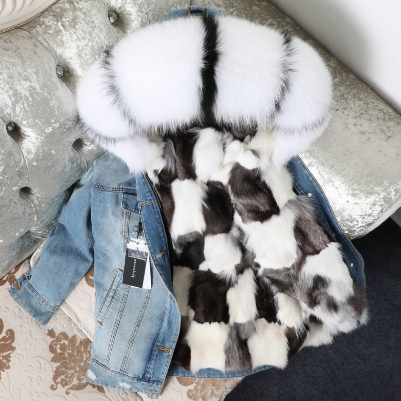 

2021 New Denim Fox Skin Folding Pie Raccoon Fur Collar Coat Winter Tide U3ND