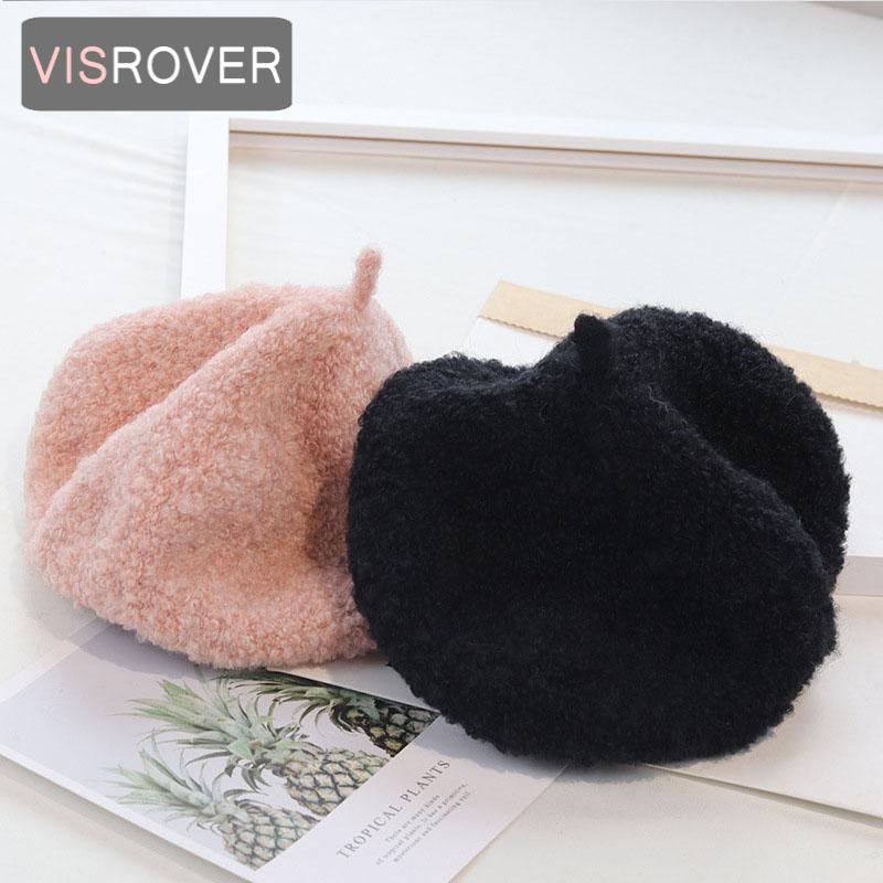 

VISROVER 2020 New Cute fake sheepskin Beret Solid Autumn Hat Winter Cap Spring top quality Beret Hat gift Wholesale