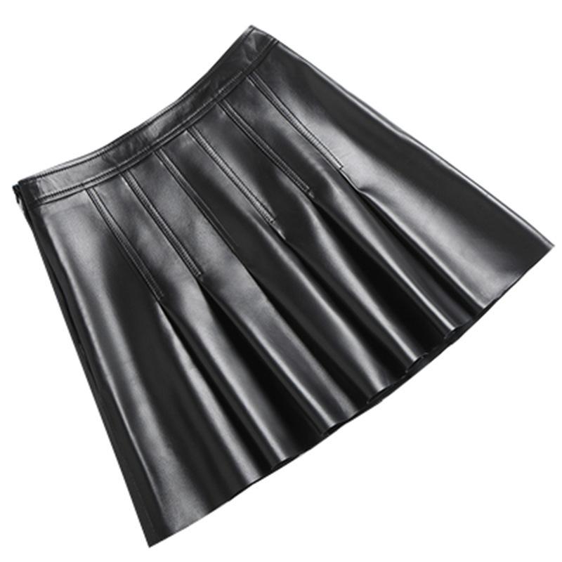 

2020 High Waist Pleated Skirts Women Genuine Leather Real Natural Skeepskin Mini Skirt Female Black Green Blue Sexy Ladies Skirt, Sky blue