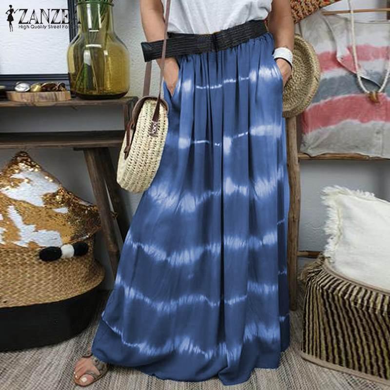 

Casual Faldas Saia Elastic Waist Long Robe ZANZEA 2021 Bohemian Women' Printed Maxi Shirts Femme Female Striped Skirt Oversized, Blue