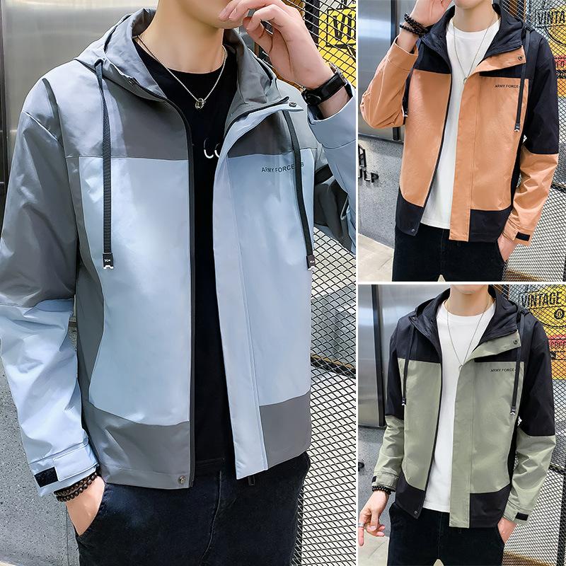 

men jacket 2021 autumn new jacket casual hooded color matching men's Korean style trendy all match men, 8186-gray blue