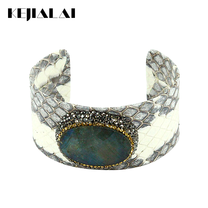 

New Arrival Punk Python Leather Bangle Snake Skin Faceted Natural Stone Charm Pave Rhinestone Open Cuff Adjustable Bracelet