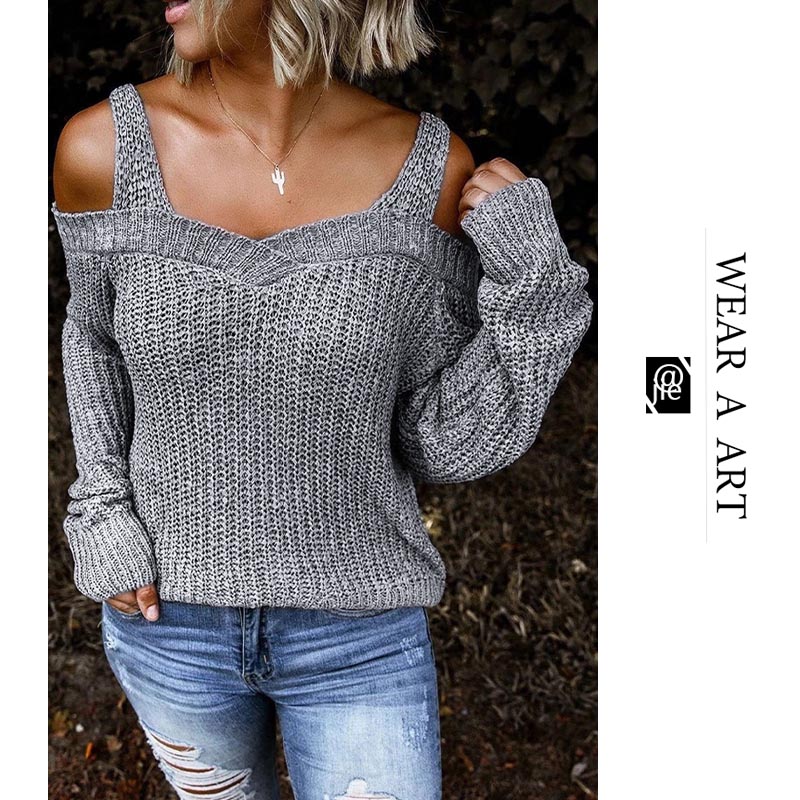 

Women Sexy Halter Sweater Fashion Warm Girl Off-the-shoulder Knits Solid Colors Are Casual Long-sleeved Sweater 2020 Spring Fal New Hot, Blue
