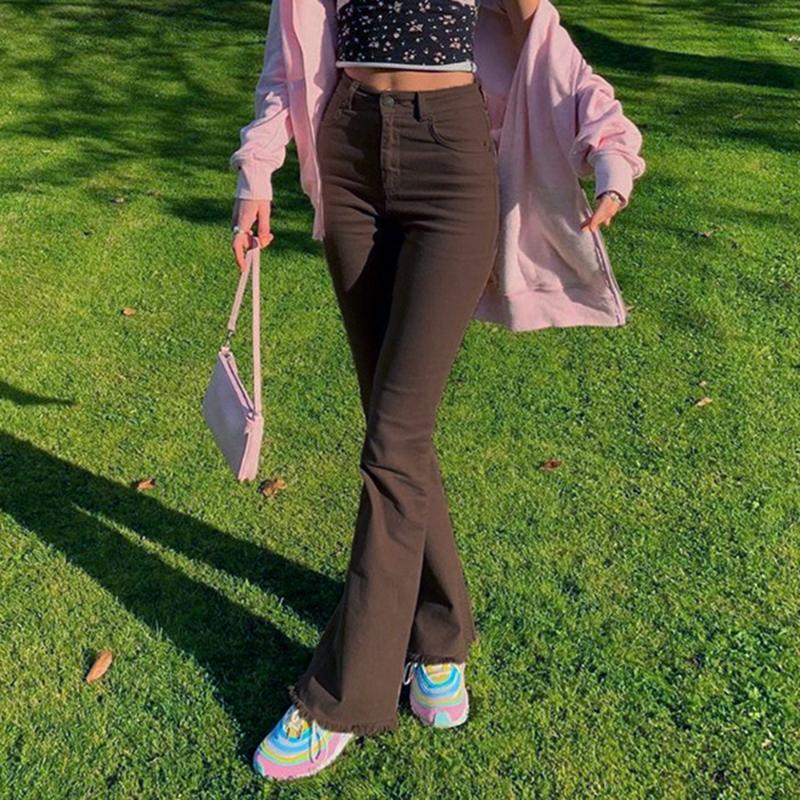 

Women Jeans Flare Pants Vintage Basic Brown Denim Streetwear Harajuku Stretch Joggers Cotton Trousers Fashion High Waist, Black