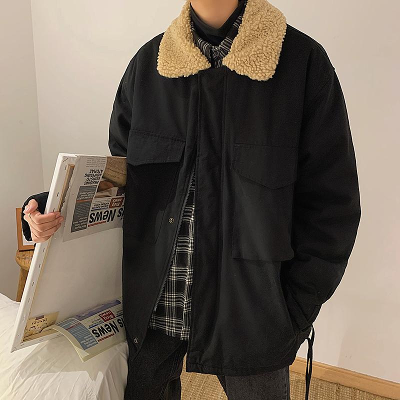 

Retro Lambswool Jacket Men Thicken Patchwork Loose Parkas Zipper Fashion Jacket Long Sleeve Manteaux Homme Winter Coat DE50MMF, Black