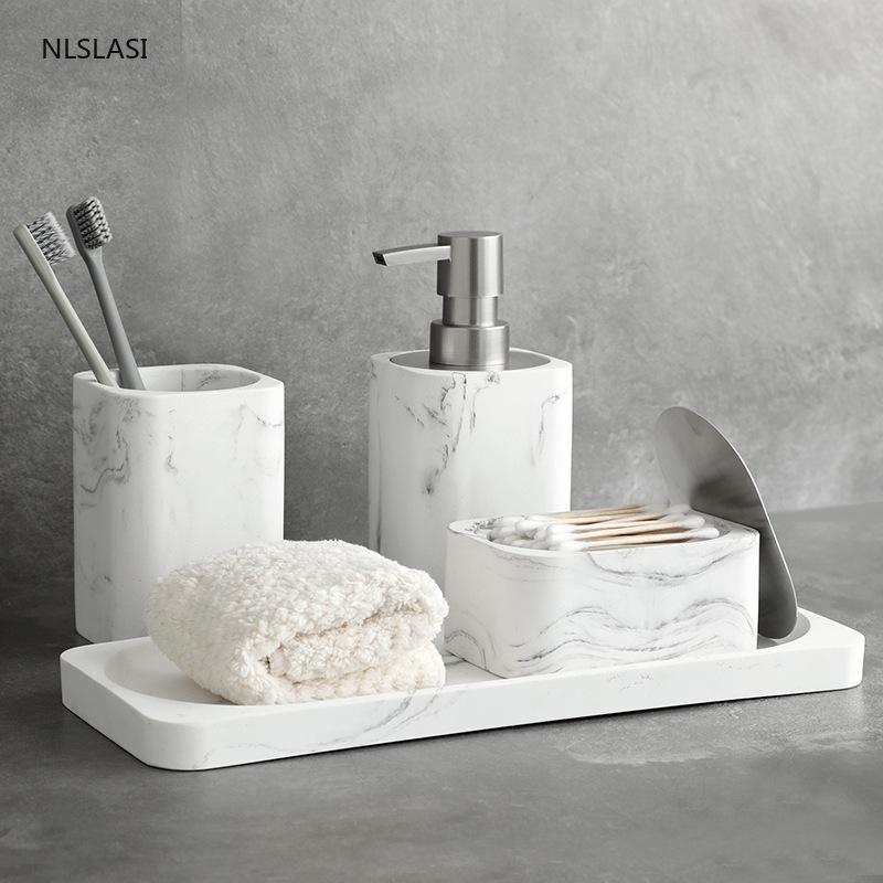 

Nordic Ceramic Marble Texture Home Hotel Bathroom Supplies Kit Accessories Set Soap Dispenser Cotton Swab Box Mouth Cup
