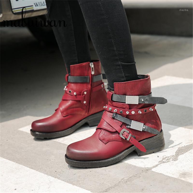 

Mabaiwan New Fashion Ankle Boots Genuine Leather Zipper Warm Shoes Women Winter Zapatillas Mujer Rivet Retro Short Buckle Boots1, Wine-red leather in