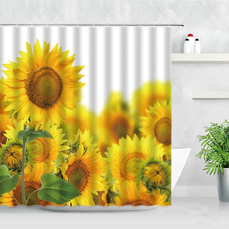 

Sunflower Shower Curtains Sets Butterfly Yellow Flower Green Leaves Printing Summer Plant Waterproof Bathroom Curtain Home Decor