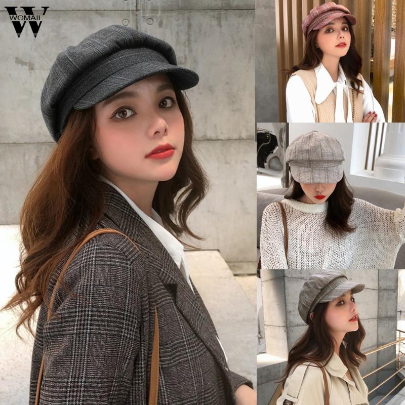

Berets Women Hat Cotton Winter Vintage Plaid Sboy Beret CapBerets Autumn Casual Adult S12, Black