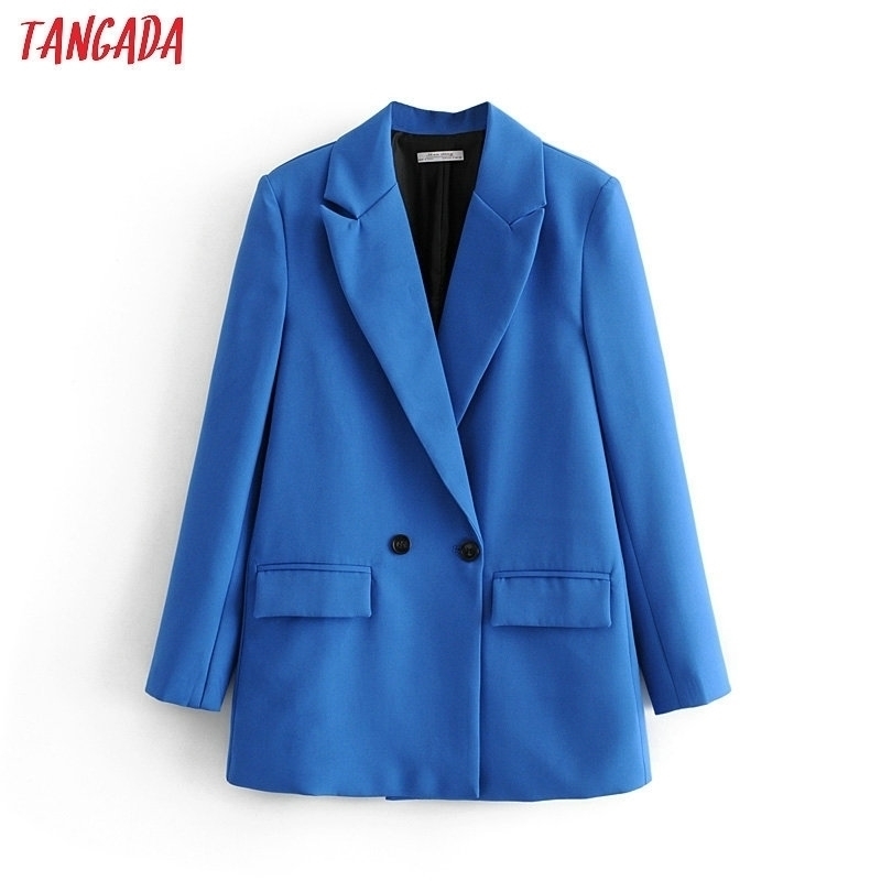 

Tangada women elegant blue double breasted suit jacket designer office ladies blazer business wear tops DA47 201201, Black