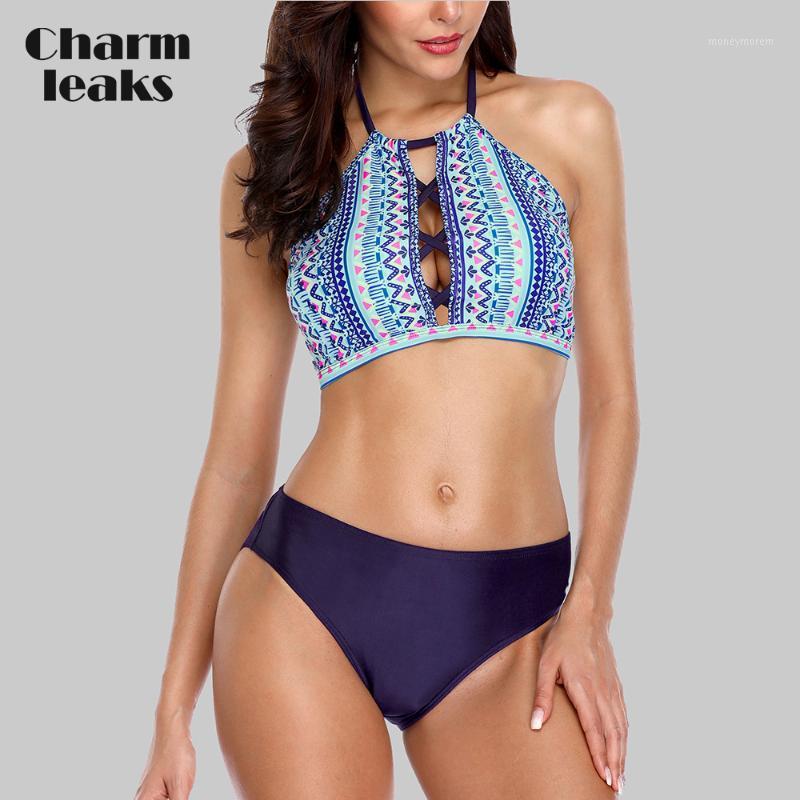 

Charmleaks Women Bikini Set High Neck Cross Swimwear Retro Wave Printed Swimsuit Sexy Bikini Bathing Suit Beachwear1, Bla