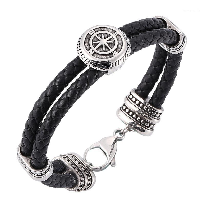 

Charm Bracelets Personality Compass Leather Braided Bracelet Men Stainless Steel Lobster Clasp Bangles Male Wrist Band Fashion Jewelry Gifts